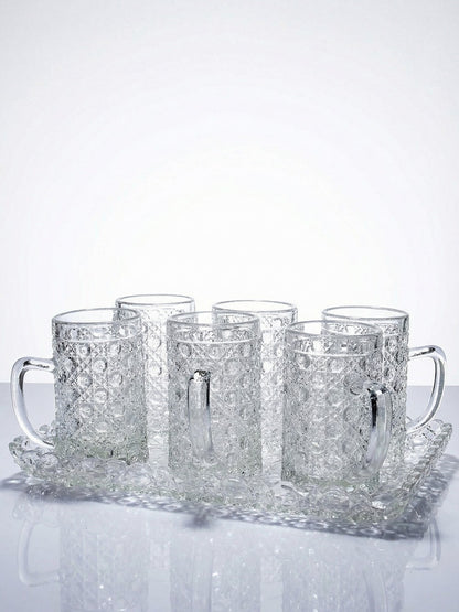 Vintage Set von 6 Glasbecher mit Tablett Art Déco Durchsichtiges Geschirr