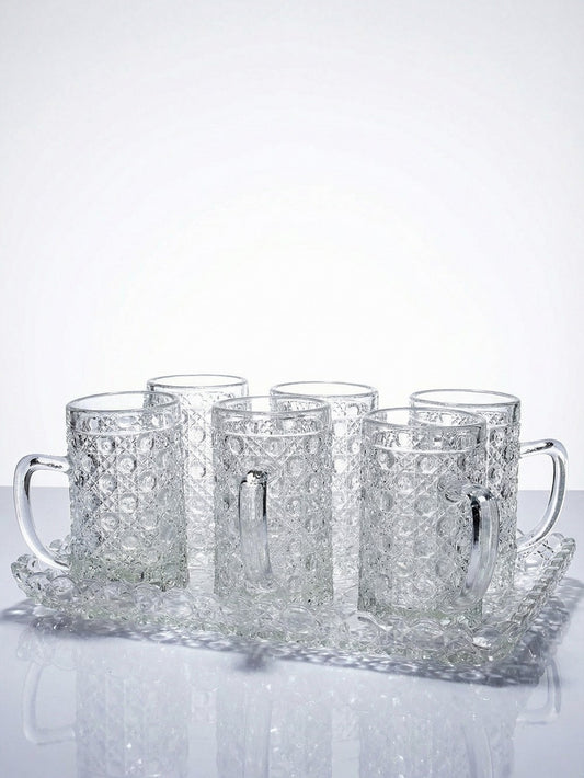 Vintage Set von 6 Glasbecher mit Tablett Art Déco Durchsichtiges Geschirr
