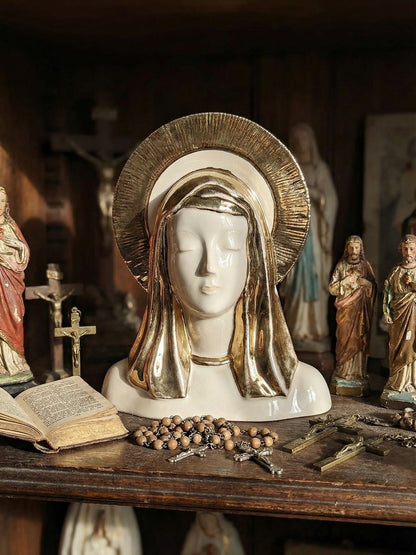 Vintage Büste Madonna mit Heiligenschein aus Keramik, emailliert, Weiß Creme Gold