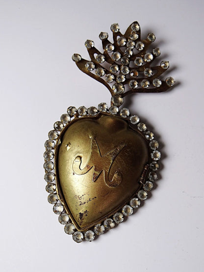 Vintage Dekoration Ex Voto Flammendes Herz der Jungfrau Maria mit Strass