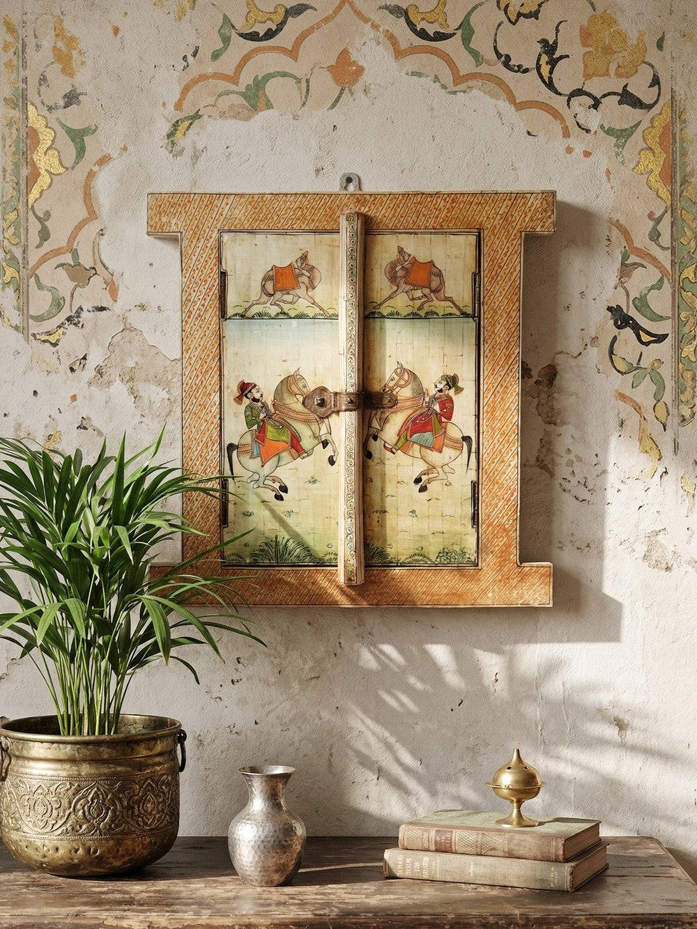 Vintage Spiegel Fenster Rajasthan handbemalter Knochen mit Reiterdekor, antik frühes 20. Jh.