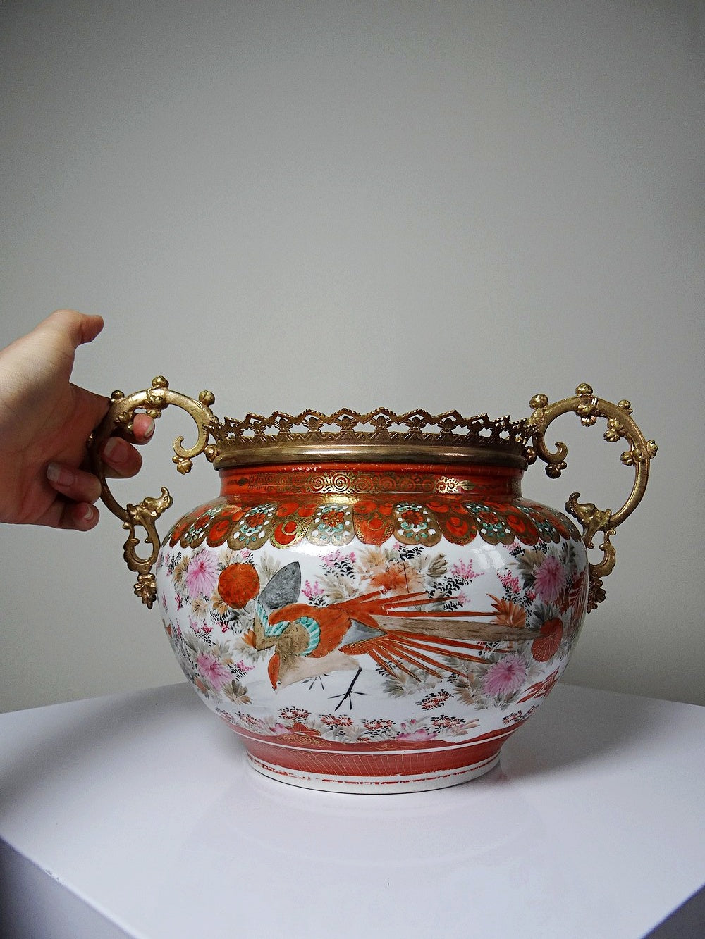 Vintage Übertopf Kutani aus Porzellan und Bronze, Japan Meiji