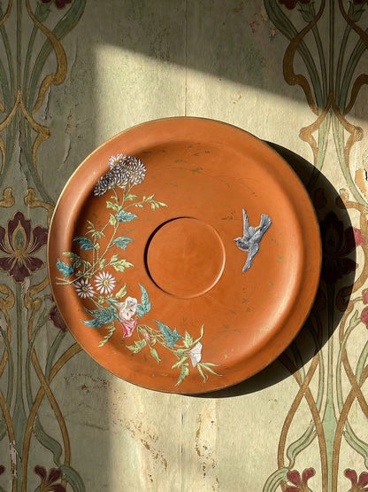 Vintage Servieraccessoire Terrakotta-Schale mit japanischer Jugendstil-Emaille, polychrom-goldig