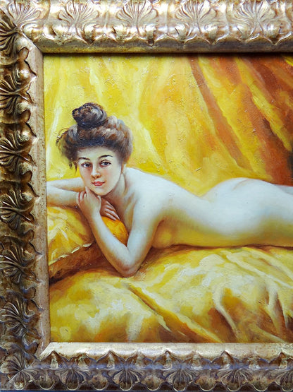 Vintage Gemälde "Nu au coussin" "La paresseuse" von J.Morrie/J.Marrie für Morillo Gelb/Braun