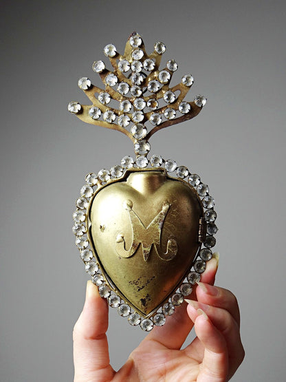 Vintage Dekoration Ex Voto Flammendes Herz der Jungfrau Maria mit Strass