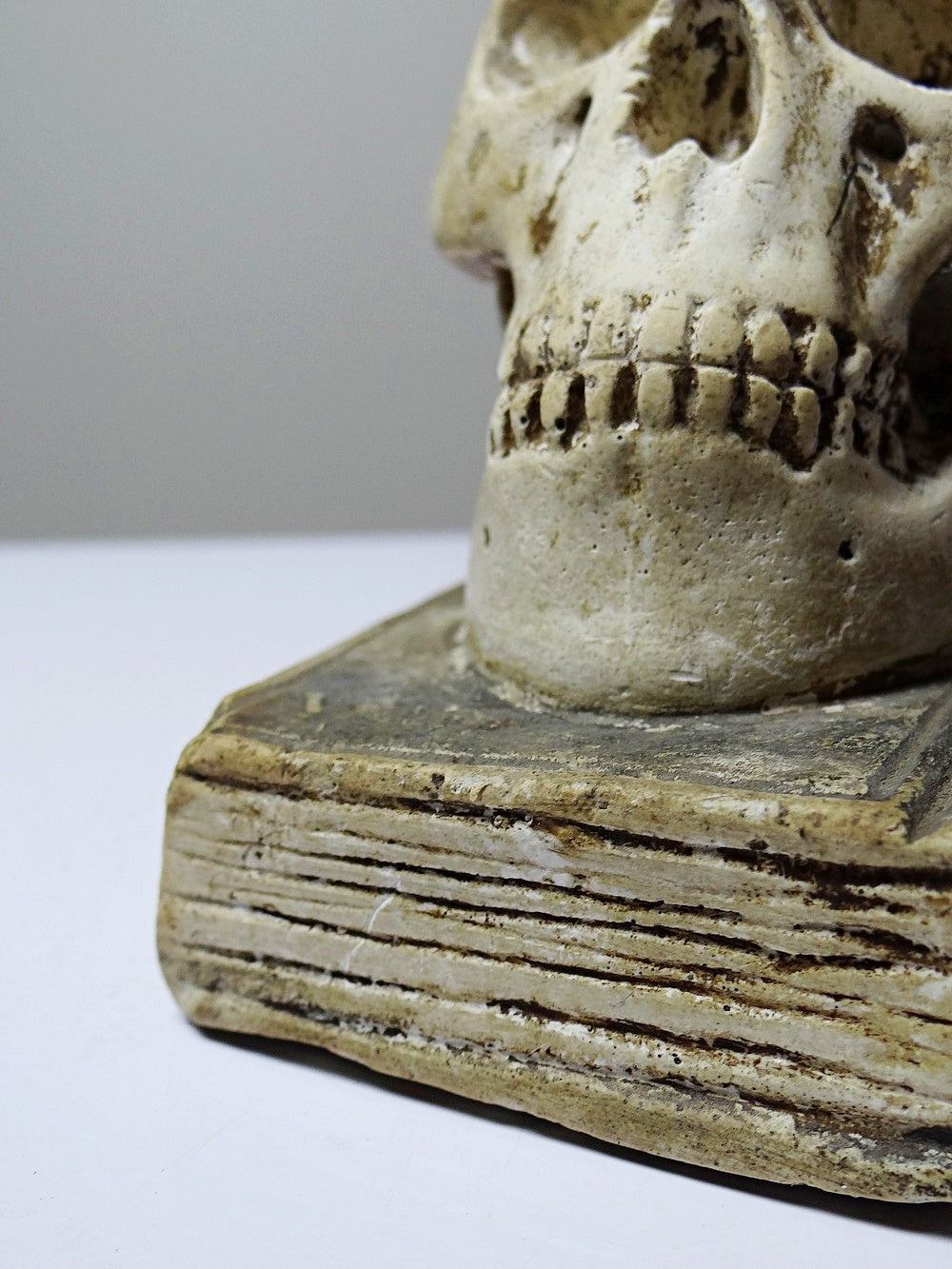 Vintage Memento Mori aus Gips, Schädel auf Buch