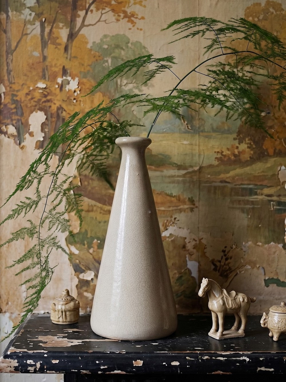 Vintage Art Déco Vase aus beigem Craquelé-Steingut, ca. 1930-1950