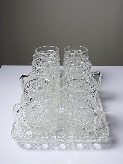 Vintage Set von 6 Glasbecher mit Tablett Art Déco Durchsichtiges Geschirr