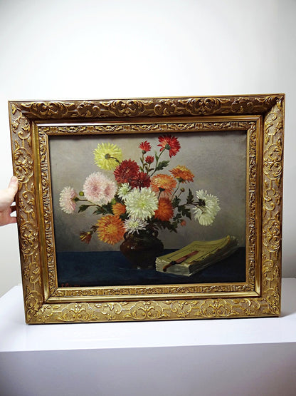 Vintage Gemälde Stillleben mit Chrysanthemen von L. Porte für BraunDekoration signiert 1888