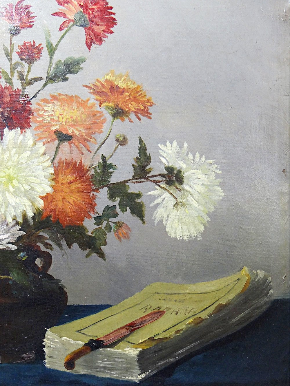 Vintage Gemälde Stillleben mit Chrysanthemen von L. Porte für BraunDekoration signiert 1888