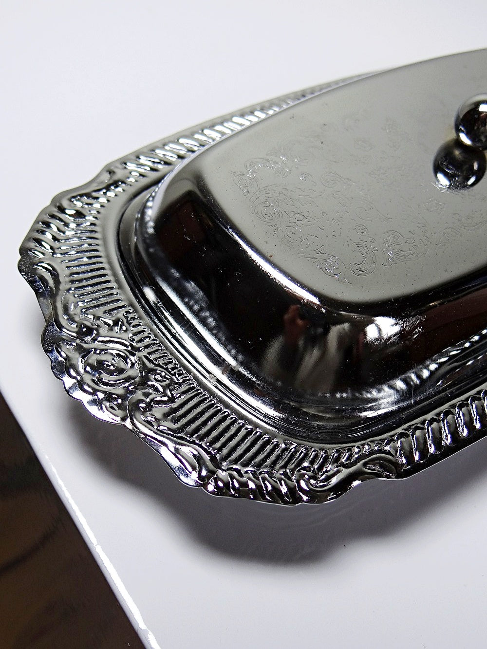 Vintage Butterdose silberfarben aus Edelstahl und Metall, Rococo-Stil, 1960-1980er