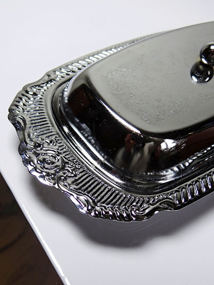 Vintage Butterdose silberfarben aus Edelstahl und Metall, Rococo-Stil, 1960-1980er