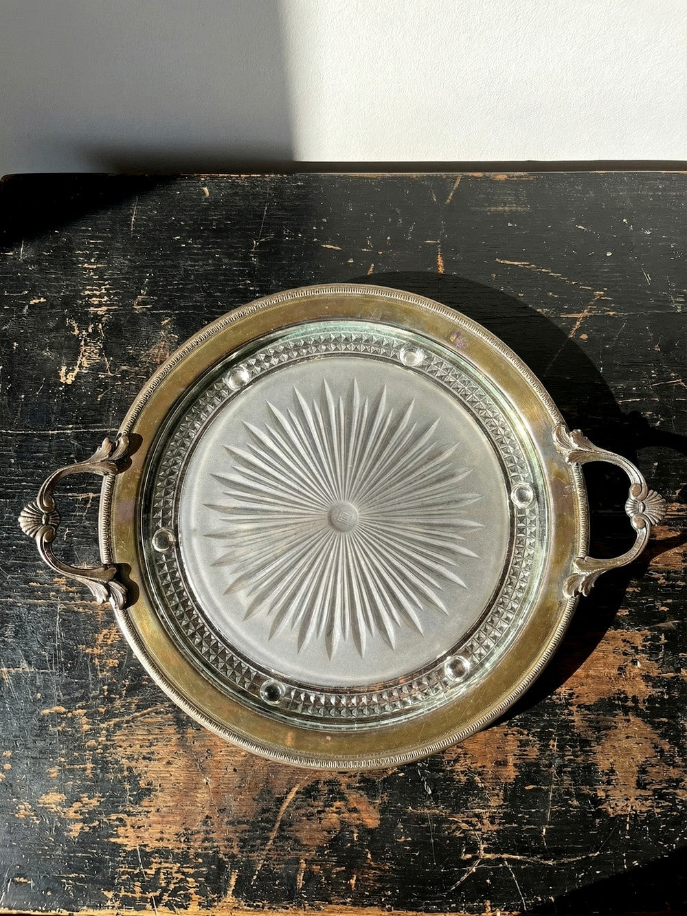 Vintage Serviertablett von Verlys für Verlys France mit Griffen aus Glas und Messing