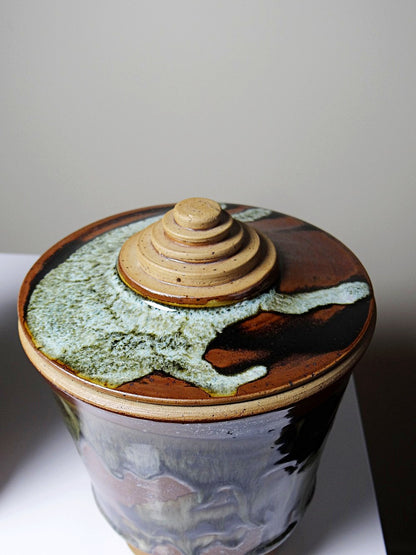 Vintage Servieraccessoire Set von 2 Steinguttopf von Studio Poterie braun-grün-schwarz-kupferfarben