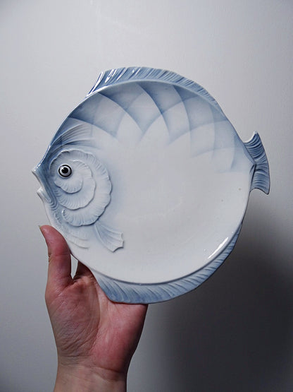 Vintage Fischservice aus tschechoslowakischem Steingut, 6 Teller und eine Platte