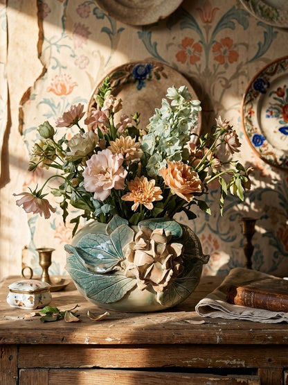 Vintage Kugelvase mit floralem Reliefdekor aus Keramik von Dina