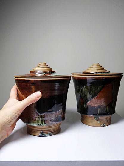 Vintage Servieraccessoire Set von 2 Steinguttopf von Studio Poterie braun-grün-schwarz-kupferfarben