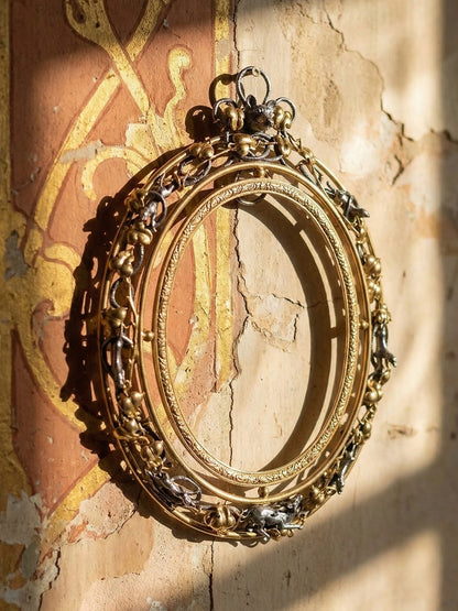 Vintage Wandrahmen Art Nouveau mit Jagdszene Gold Silber dunkelblau Dekor Metall Messing Zinn