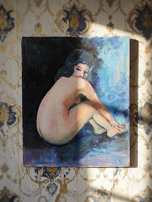Vintage Gemälde Akt Frau von hinten Ölgemälde auf Platte 50er 60er Jahre 61x50cm