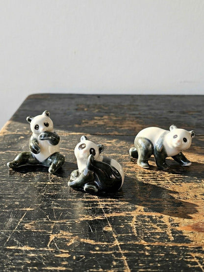 Vintage Porzellan Panda Figurine Set von 3 China Stempel handbemalt 1980er-90er