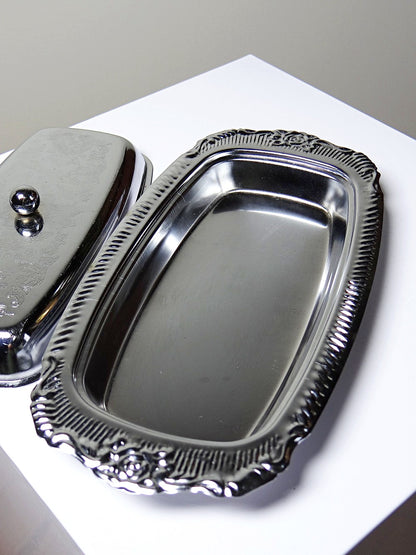 Vintage Butterdose silberfarben aus Metall und Edelstahl, Rococo-Stil 1960-1980er
