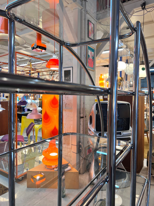 Vintage Regal Raumteiler rund Chrom und Glas Designklassiker