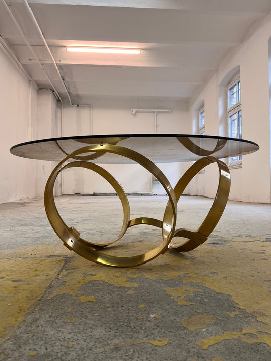 Vintage Couchtisch rund Hesterberg von Knut Hesterberg für Ronald Schmitt mit Messinggestell und Rauchglas