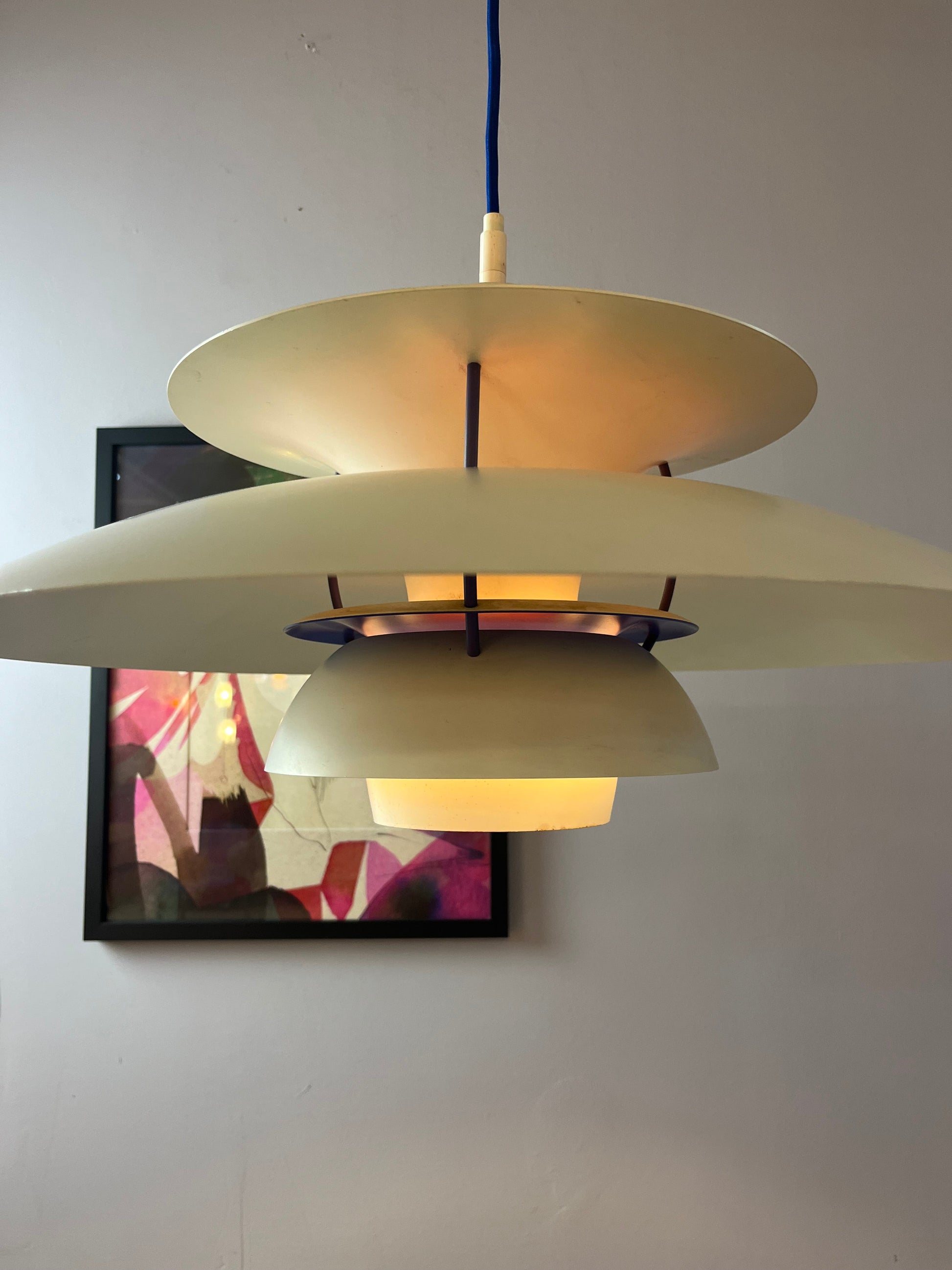 Vintage Pendelleuchte PH5 von Poul Henningsen für Louis Poulsen, weiß, königsblaue Lamelle