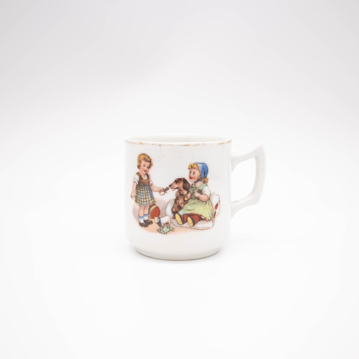 Vintage Mokkatasse mit Kindern und Dackel, Porzellan, Art Deco