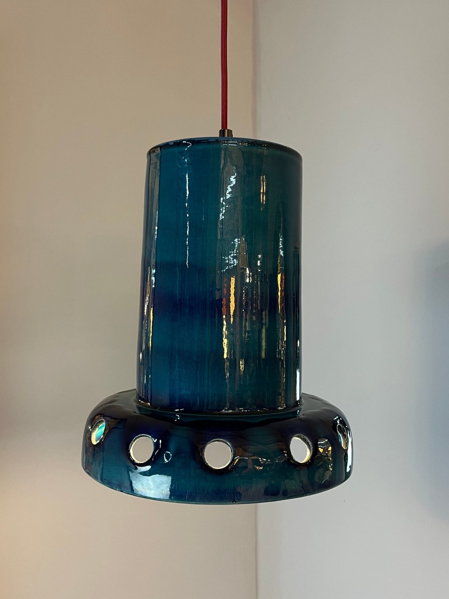 Lampe suspendue vintage en céramique bleue, poterie ouest-allemande