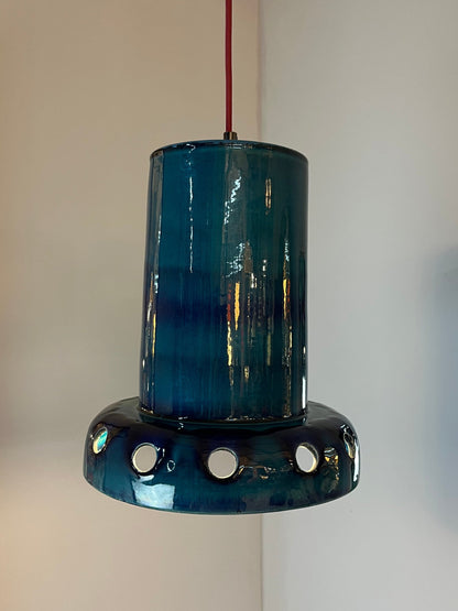 Lampe suspendue vintage en céramique bleue, poterie ouest-allemande