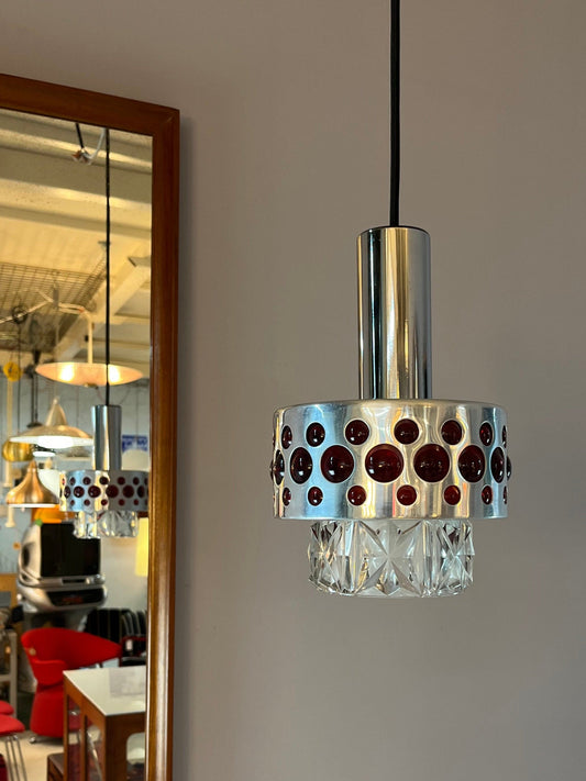 Vintage hanging lamp red chrome crystal glass by Fischer Leuchten