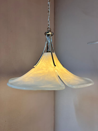 Vintage Hängelampe Blume von Gebrüder Cosack weiß Chrom handgearbeitet