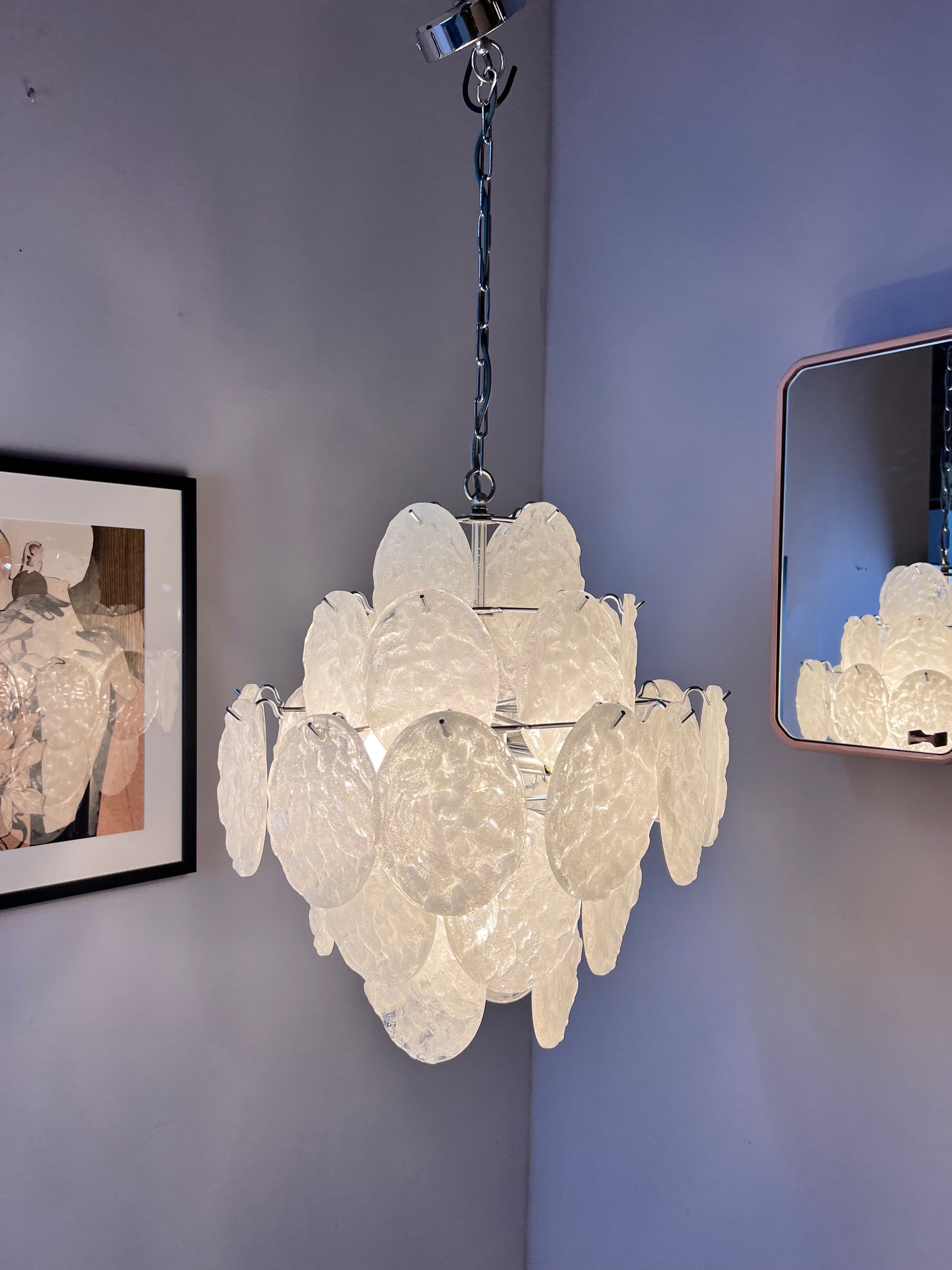 Vintage Kronleuchter weiß silber mit Acrylglasplatten von Gino Vistosi inspiriert