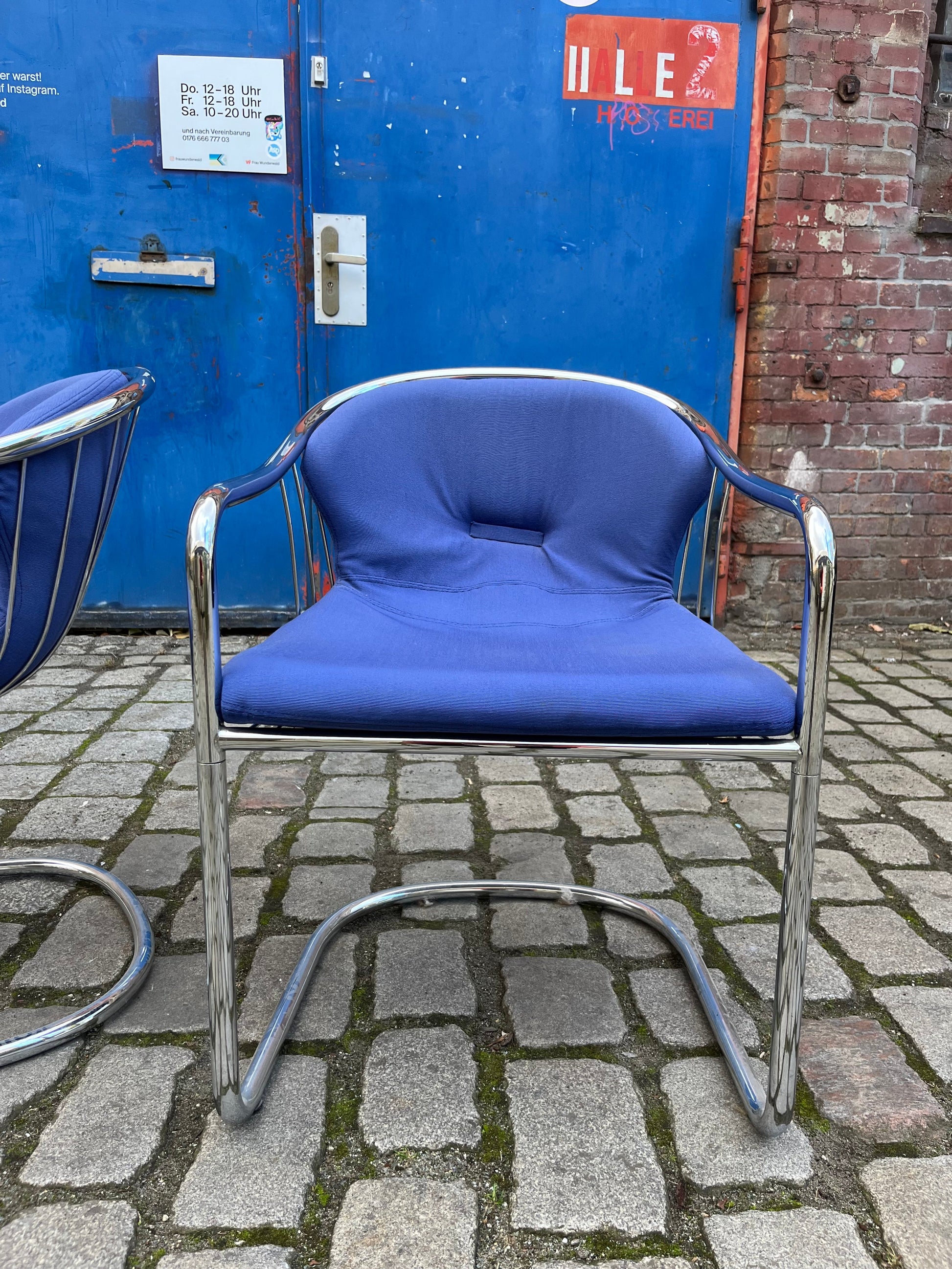 Vintage Freischwinger Chrom blau von Gastone Rinaldi für Alma Set von 2