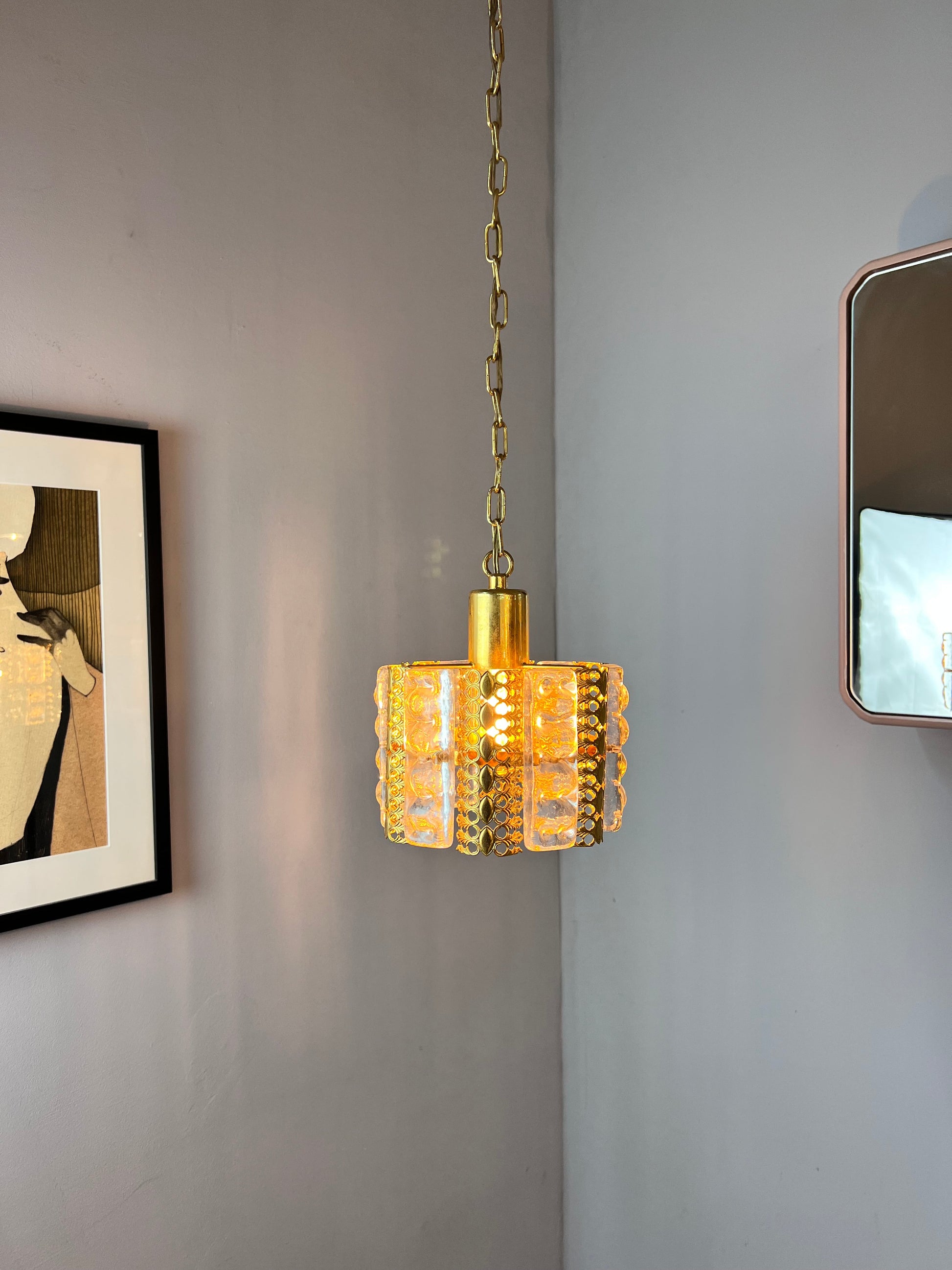 Vintage Hängelampe Glas Messing von Carl Fagerlund für Orrefors