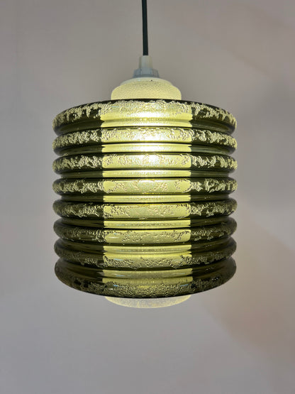 Vintage Hängelampe oliv weiß strukturiert mit zwei Glasschirmen
