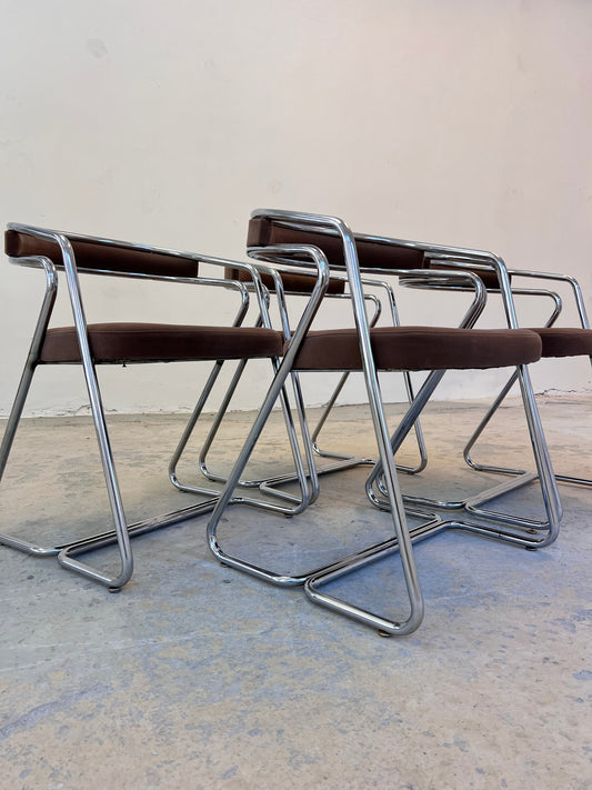 Set von 4 Vintage Polsterstuhl Chrom brauner Veloursbezug italienisch 1970er