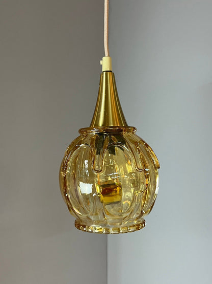 Lampe suspendue vintage en verre jaune doré avec laiton