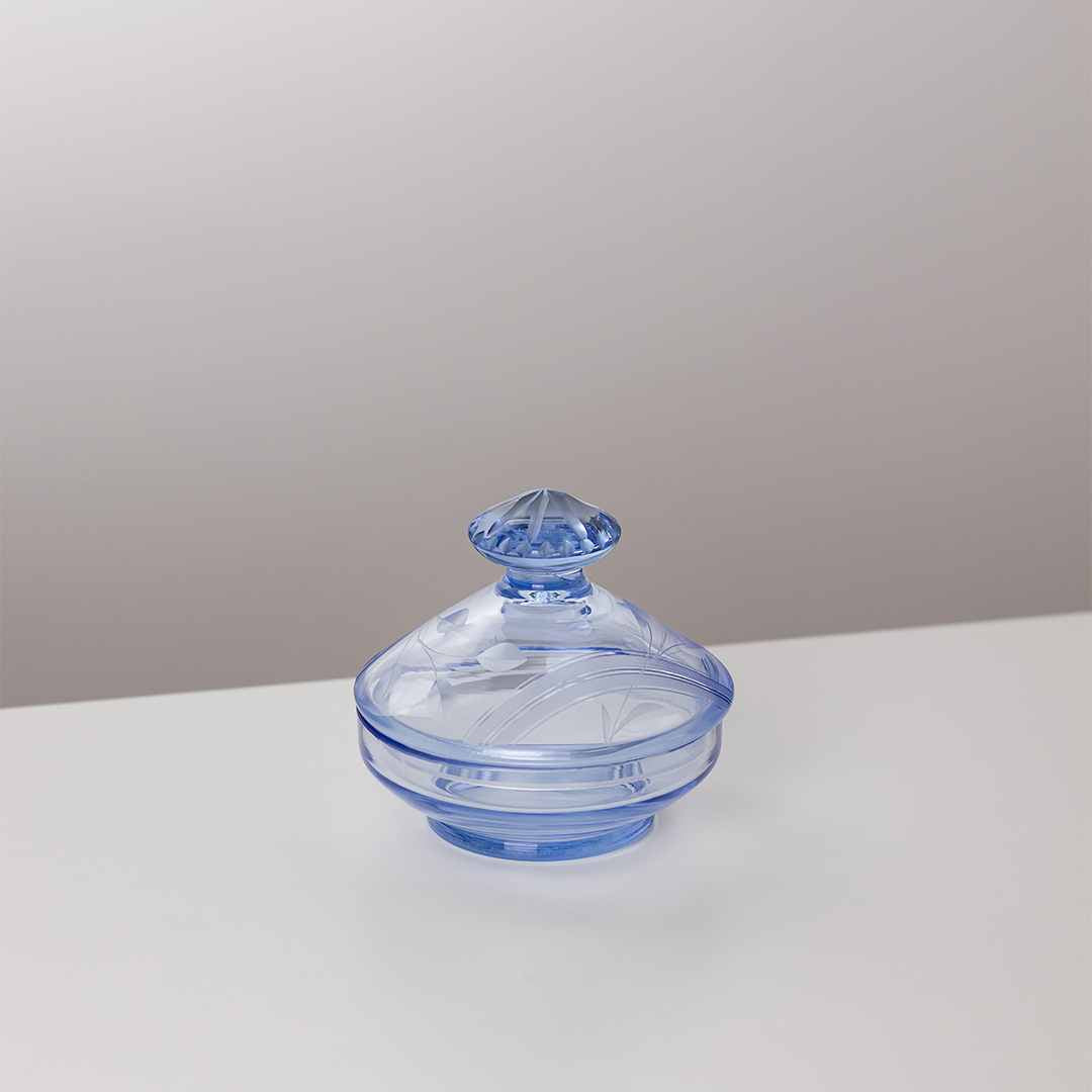 Vintage Art Déco Deckeldose aus hellblauem Glas