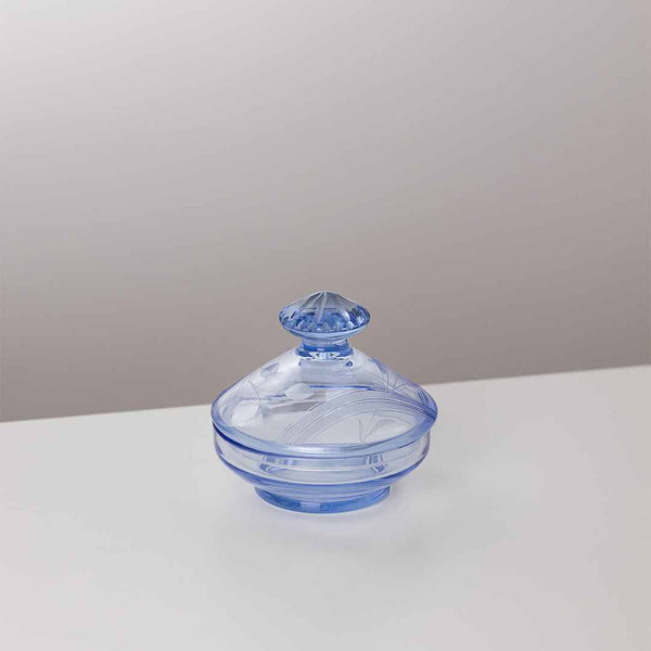 Vintage Art Déco Deckeldose aus hellblauem Glas