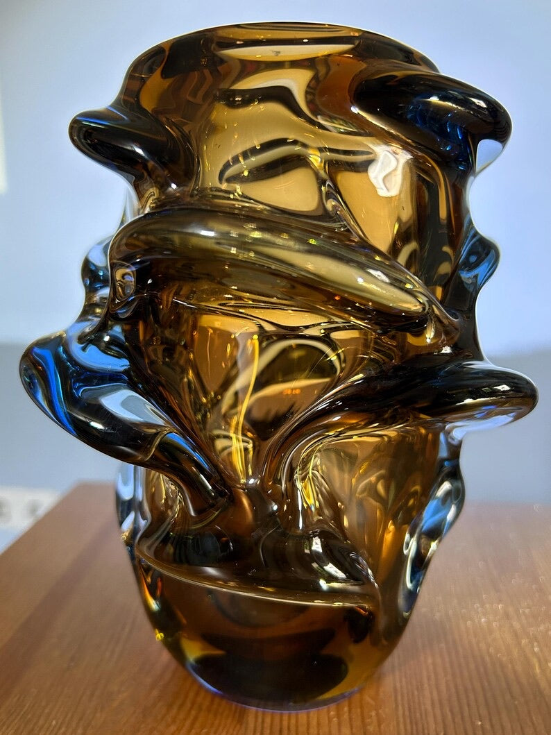 Vintage vase “Propeller” by Jan Kotík Bohemian brown glass Mid-Century design classic