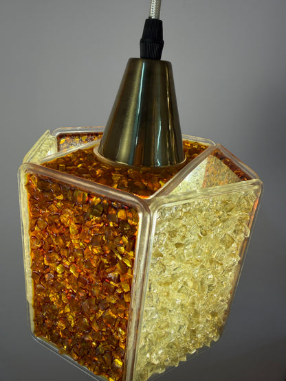 Vintage Hängelampe Hexagon von Roland Konst, Acrylglas Granitoptik braun weiß