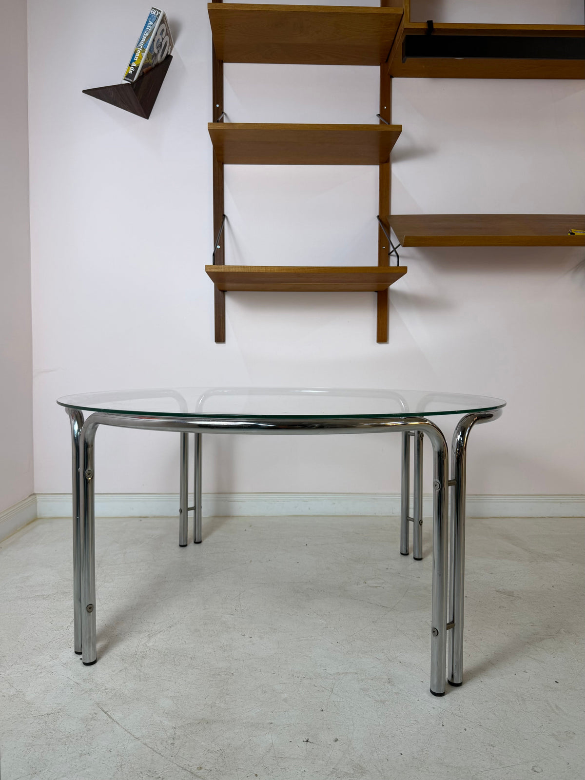 Vintage Couchtisch rund, Glas und Chrom, Space Age
