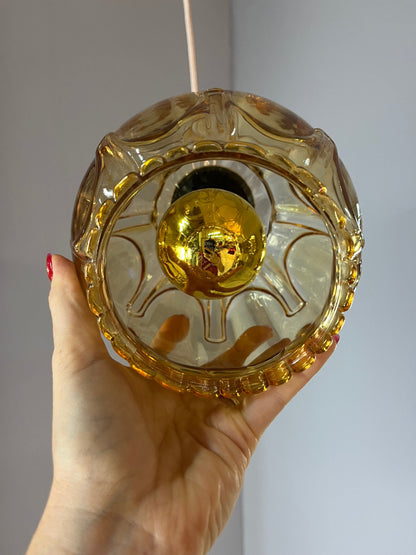 Lampe suspendue vintage en verre jaune doré avec laiton