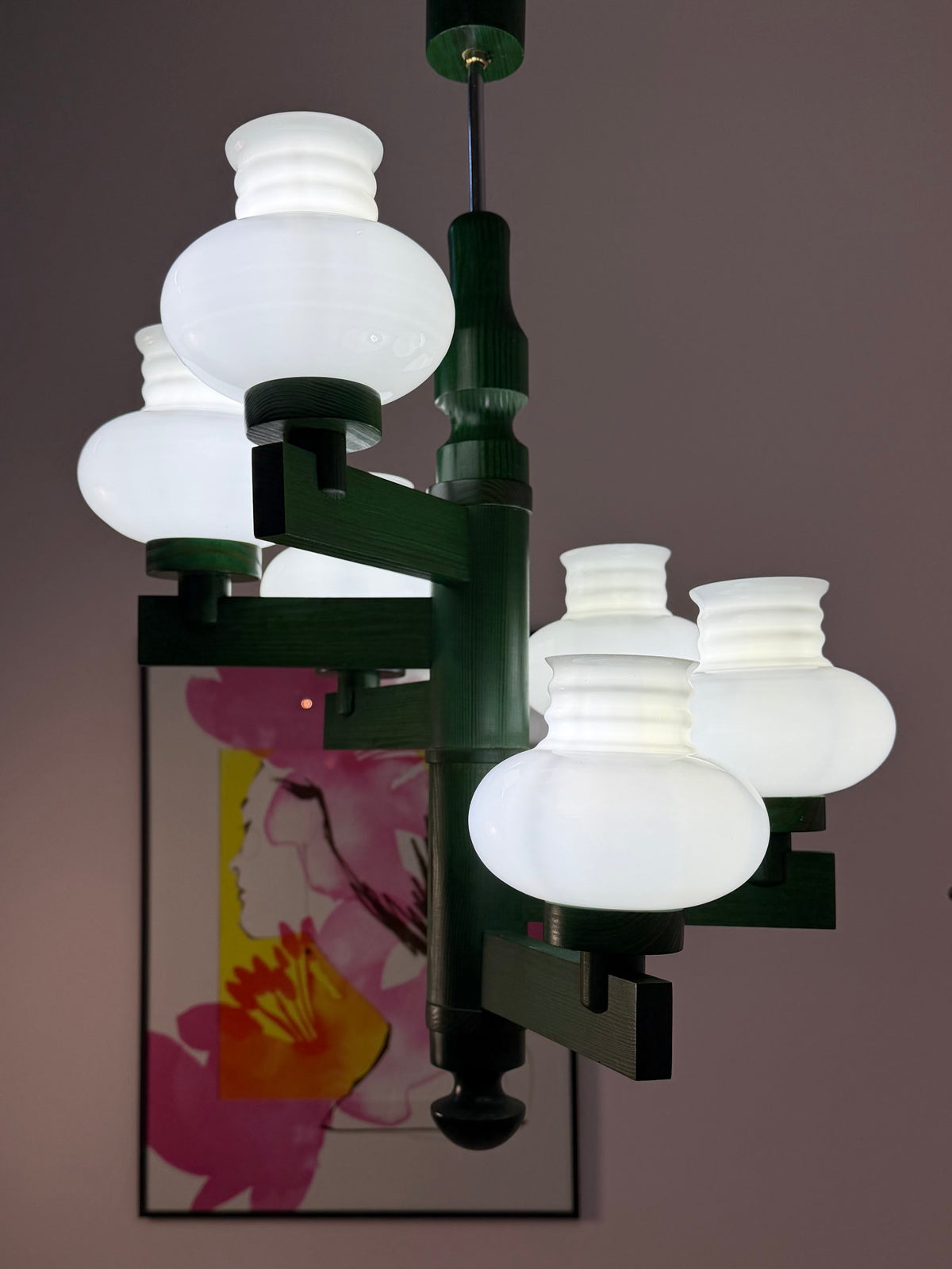 Kronleuchter aus Holz und Opalglas, 6-flammig, Grün