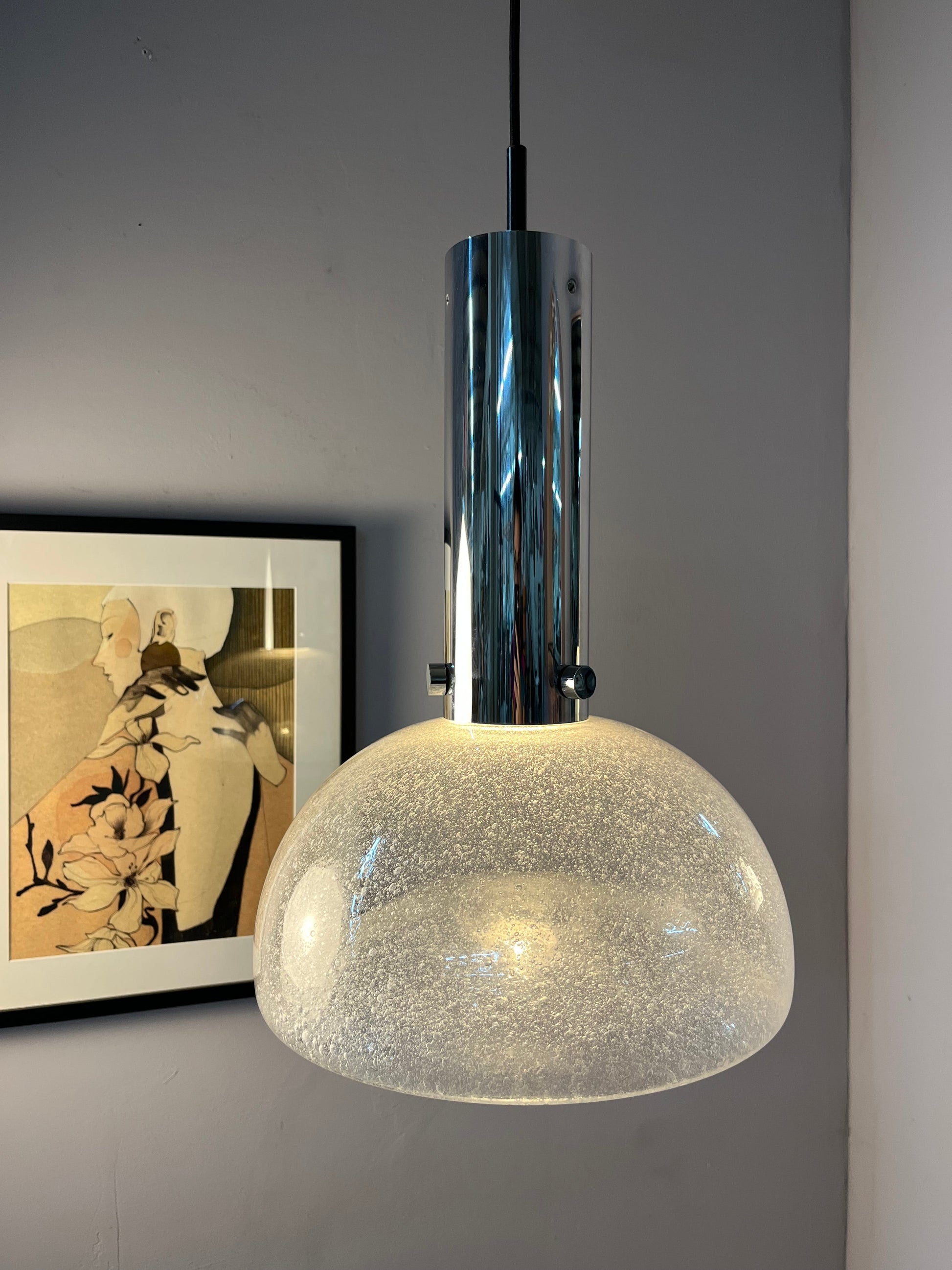 Vintage Hängelampe von Herbert Proft für Glashütte Limburg Eisglas Chrom groß