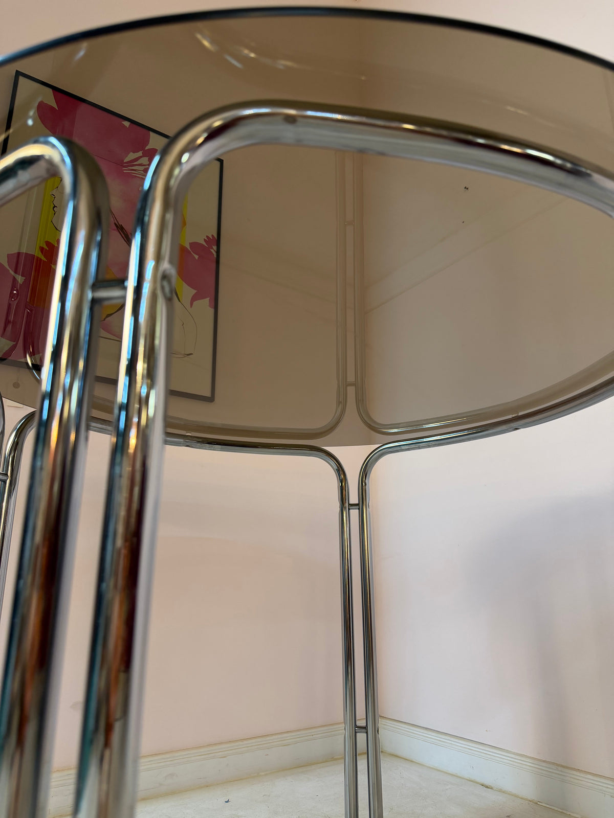 Vintage Esstisch Chrom und Rauchglas, Space Age 70er