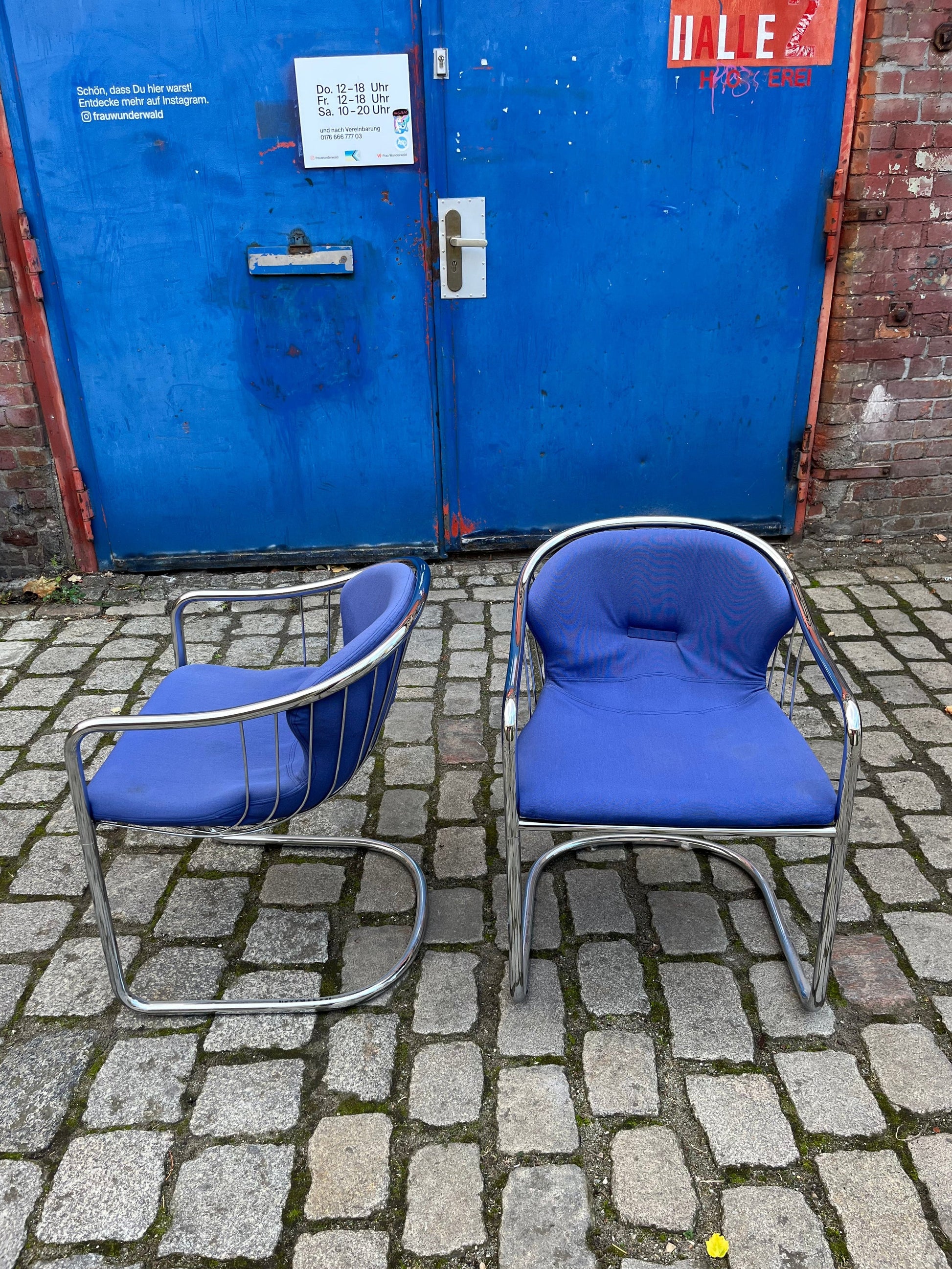 Vintage Freischwinger Chrom blau von Gastone Rinaldi für Alma Set von 2