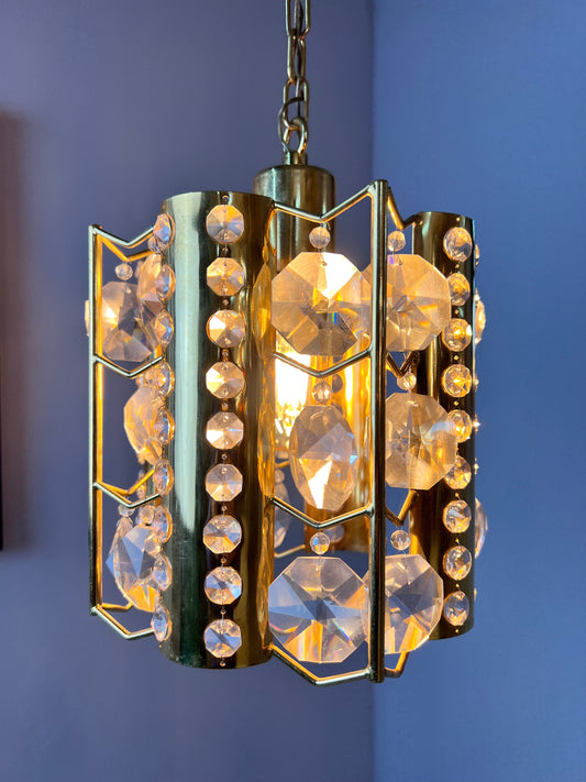 Vintage Hängelampe Messing Kristalle von Palwa